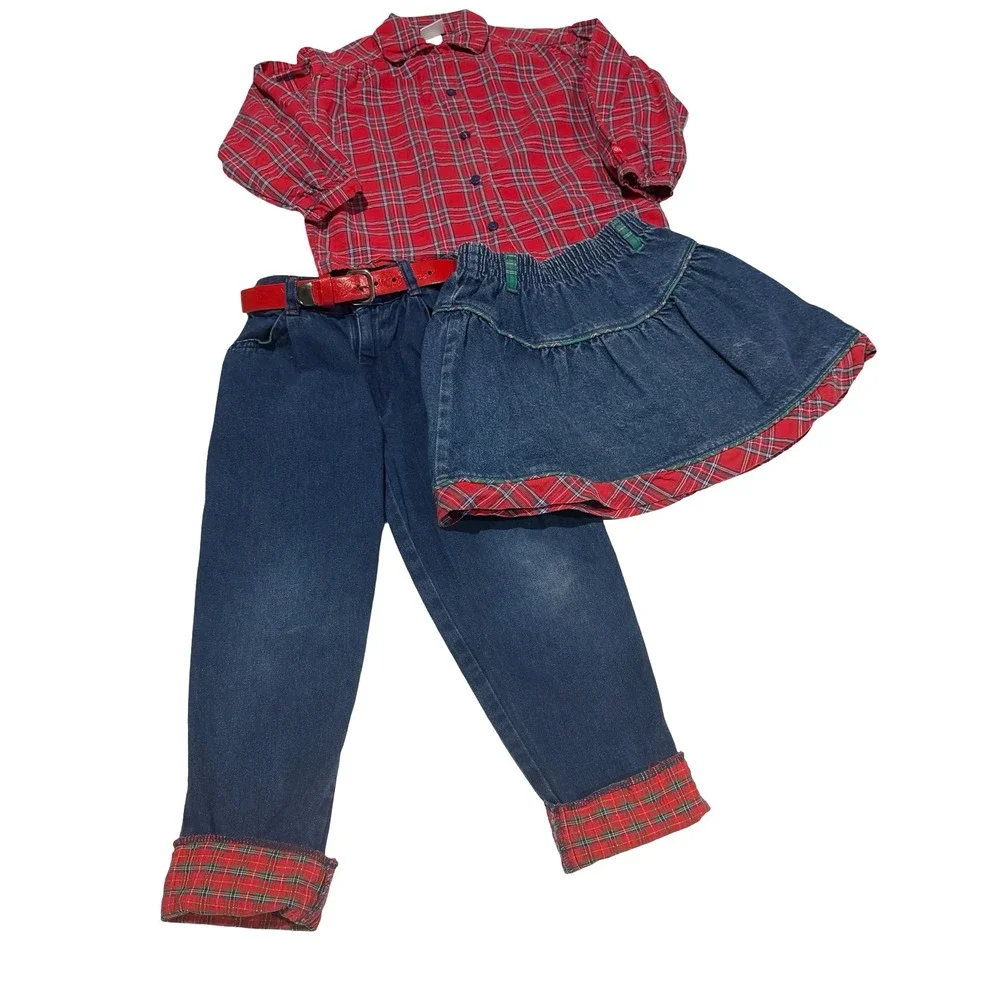 Vintage OshKosh Bgosh Girls 3pc Red Plaid Shirt Denim Jeans Skirt Set Size 6 USA